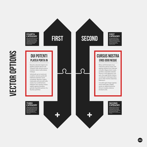 Plantilla de opciones monocromas en estilo de contraste estricto. Útil para presentaciones y diseño web.