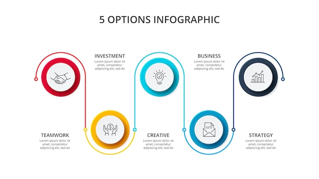 Plantilla de opciones de número de infografías de círculo. ilustración de vector de línea de tiempo con 5 pasos.