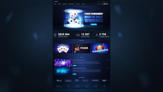 Plantilla oscura y azul de casino en línea del sitio web del casino con elementos de casino