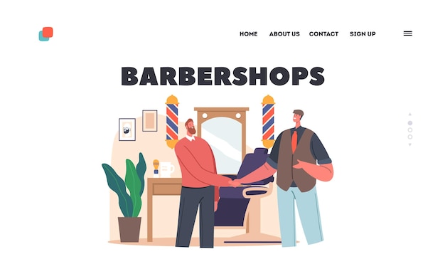 Plantilla de página de aterrizaje de barberías Cliente satisfecho estrechándole la mano a Barber Master en salón con escritorio y espejo