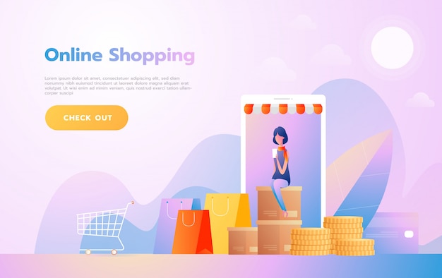 Plantilla de página de aterrizaje de compras en línea. Concepto de diseño plano moderno de diseño de página web para sitio web y sitio web móvil. Ilustración vectorial
