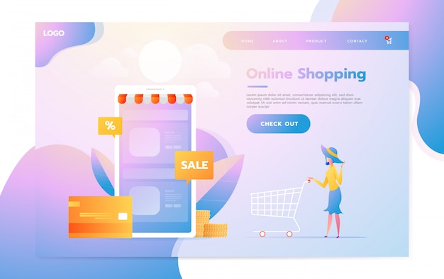 Plantilla de página de aterrizaje de compras en línea. Concepto de diseño plano moderno de diseño de página web para sitio web y sitio web móvil. Ilustración vectorial