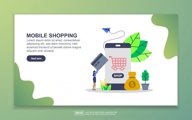 Plantilla de página de aterrizaje de compras móviles. Concepto moderno de diseño plano de diseño de páginas web para sitios web y sitios web móviles