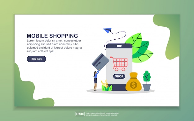 Plantilla de página de aterrizaje de compras móviles. concepto moderno de diseño plano de diseño de páginas web para sitios web y sitios web móviles