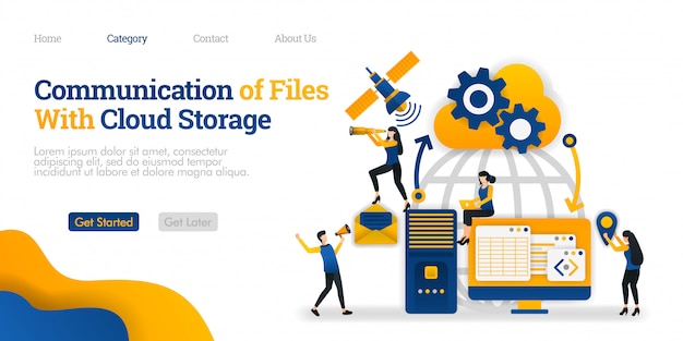 Plantilla de página de aterrizaje. Comunicación de File With Cloud Storage entre dispositivo personal, almacenamiento y satélite.