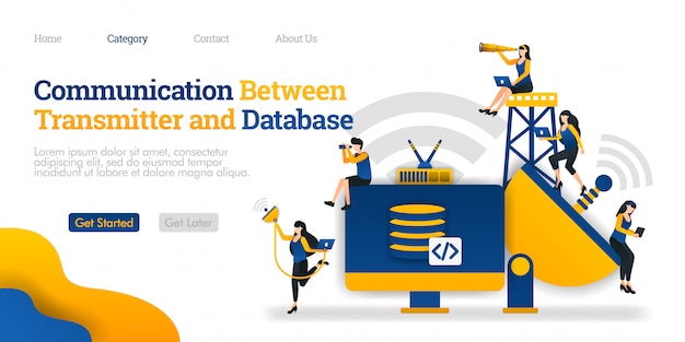 Plantilla de página de aterrizaje. comunicación entre transmisor y dispositivo de almacenamiento. base de datos procesa datos en dispositivo