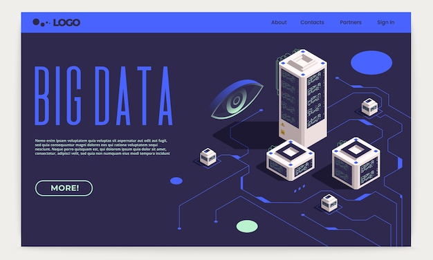 Vector plantilla de página de aterrizaje de datos grandes isométricos