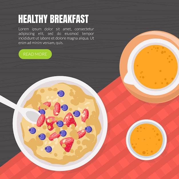 Plantilla de página de aterrizaje de desayuno saludable Vista superior de la avena tradicional con bayas Página web Ilustración vectorial de la página de inicio