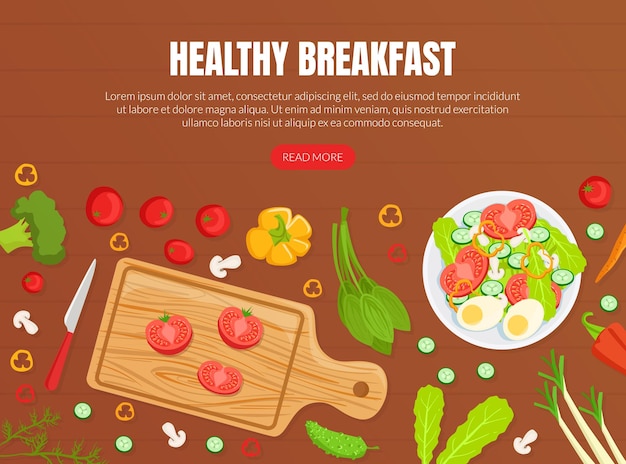 plantilla de página de aterrizaje de desayuno saludable vista superior de ensalada con verduras en superficie de madera página web página de inicio ilustración vectorial