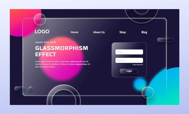plantilla de página de aterrizaje con efecto de glassmorphism gradiente