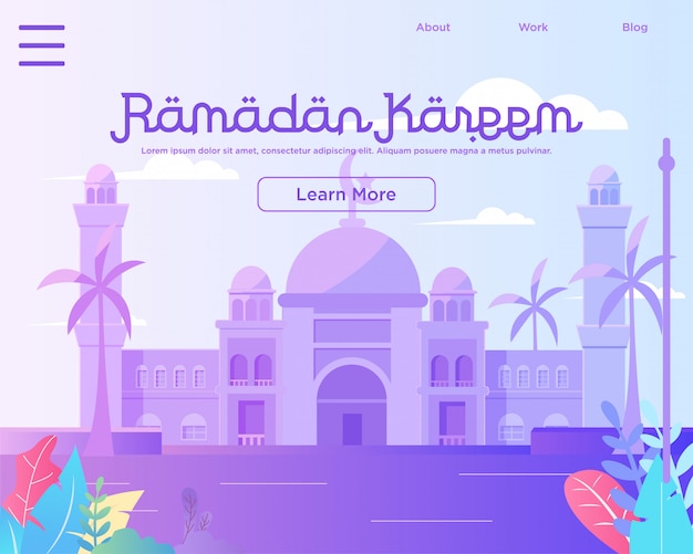 Plantilla de página de aterrizaje, feliz ramadán mubarak plantilla de diseño web con mezquita