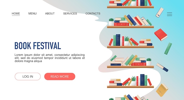 plantilla de página de aterrizaje del festival de libros con libros en los estantes