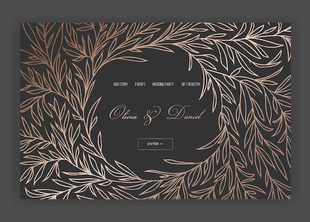 Plantilla de página de aterrizaje floral de la tienda de internet del salón de bodas. sitio web de página web de banner de venta de primavera con flores laminadas en oro. diseño romántico de invitación de boda. ilustración vectorial