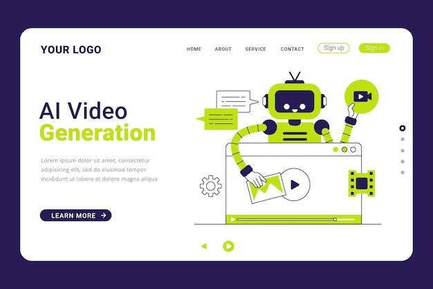 Plantilla de página de aterrizaje de generación de video de IA Robot AI creando video en ilustración de concepto de computadora