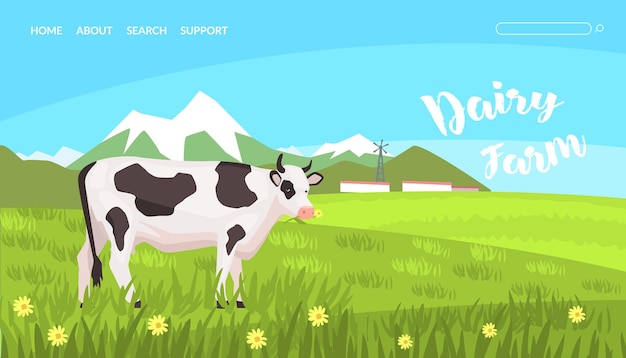 Plantilla de página de aterrizaje de la granja lechera con paisaje rural de verano y vacas frescas productos agrícolas ecológicos saludables sitio web página de inicio aplicación móvil ilustración vectorial