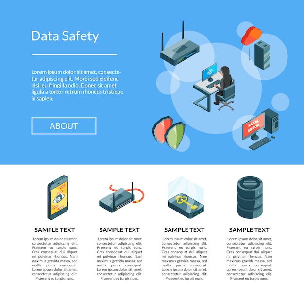 Plantilla de página de aterrizaje de iconos de datos isométricos y seguridad informática