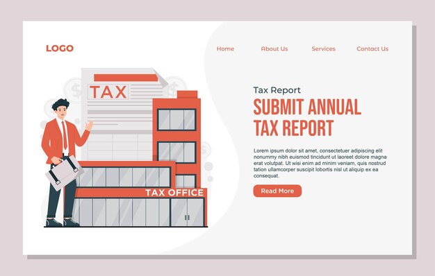 plantilla de página de aterrizaje Ilustración del concepto del informe fiscal anual con el formulario de pago completado en línea
