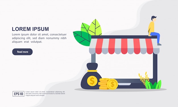 Plantilla de página de aterrizaje. Ilustración vectorial de compras en línea y concepto de comercio electrónico con &quot;e-commerce&quot; compras en línea y mercadeo