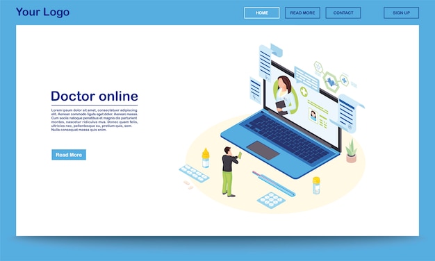 Plantilla de página de aterrizaje isométrica servicio médico en línea. 3d médico consulta paciente, prescribiendo medicina. sitio web promocional del sistema ehealth con espacio de texto. cliente contactando especialista médico remoto