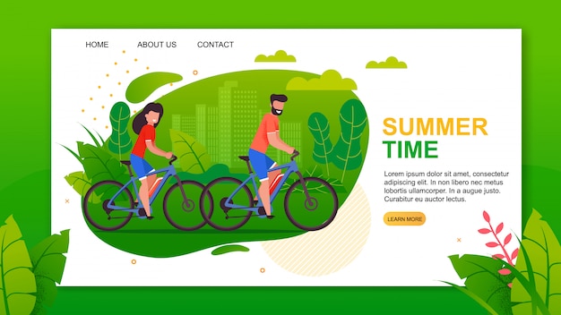 Vector plantilla de página de aterrizaje con letras de horario de verano y ciclistas