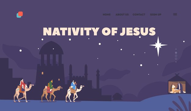 Vector plantilla de página de aterrizaje de la natividad de jesús los magos montando camellos siguen una estrella a través de la noche hasta la escena bíblica del niño jesús