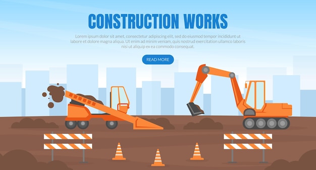 Plantilla de página de aterrizaje de obras de construcción Nueva construcción de carreteras Máquinas de construcción pesadas Ilustración vectorial