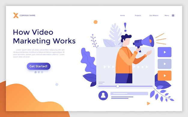 Plantilla de página de aterrizaje con persona hablando con megáfono en la pantalla de la computadora portátil Concepto de trabajo de video marketing publicidad multimedia en línea Ilustración de vector plano moderno para sitio web