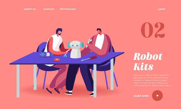 Plantilla de página de aterrizaje de personajes que hacen robots en casa. Robótica Pasatiempo, hardware y software Ciencias Ingeniería o construcción Ocupación Diversión familiar, constructor. caricatura, gente, vector, ilustración