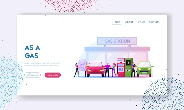 Plantilla de página de aterrizaje de personajes que reabastecen el automóvil en la estación de combustible. Hombre bombeando gasolina y cargando auto eléctrico. Servicio de Llenado de Vehículos Gas o Biodiesel en Tanque. caricatura, gente, vector, ilustración