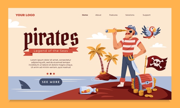 Vector plantilla de página de aterrizaje de piratas planos dibujada a mano con un personaje y una isla.