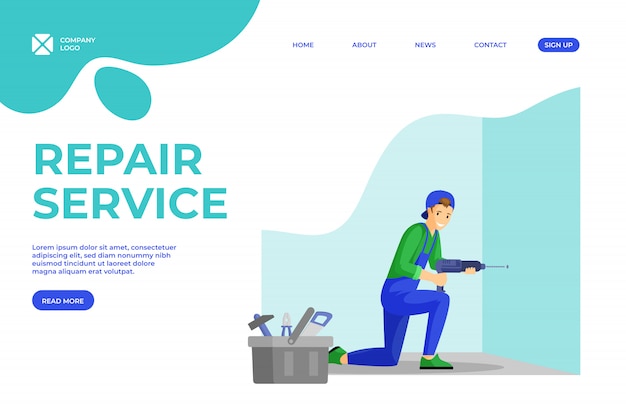 Plantilla de página de aterrizaje plana de servicios de manitas. Joven reparador haciendo un agujero en la pared con taladro eléctrico personaje de dibujos animados. Marido durante una hora, diseño de página de inicio de servicios de ingeniero y electricista