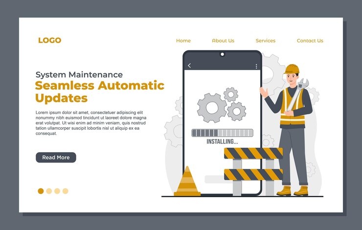 Vector plantilla de página de aterrizaje que muestra la reparación del sistema bajo mantenimiento y el error 404 para el software