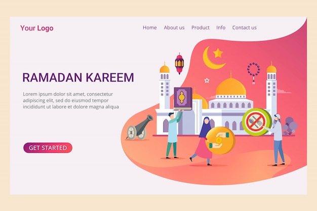 Plantilla de página de aterrizaje ramadan kareem con gente pequeña