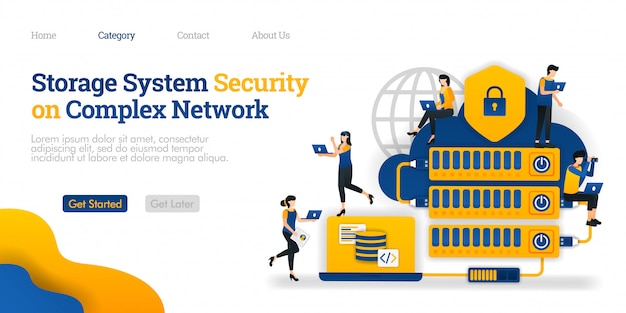 Plantilla de página de aterrizaje. Sistema de almacenamiento de seguridad en red compleja. Hosting hecho complicado para la seguridad de los datos.