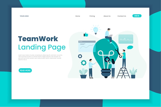 Plantilla de página de aterrizaje de trabajo en equipo de diseño plano moderno