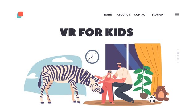 Plantilla de página de aterrizaje de Vr para niños Padre con una hija pequeña que usa anteojos 3d mirando una experiencia inmersiva de Zebra