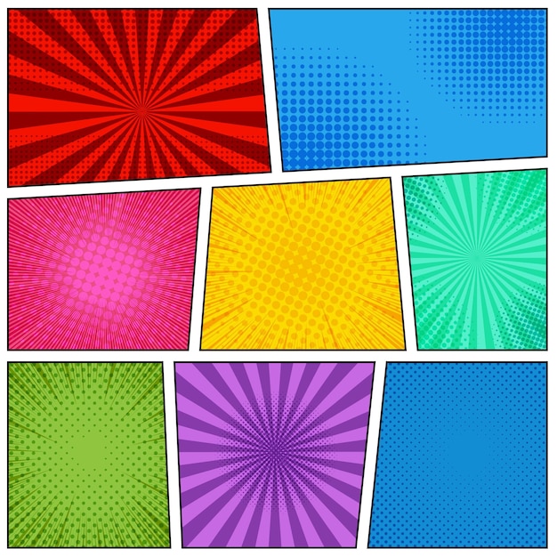 Plantilla de página de cómic con marcos de colores brillantes, medios tonos radiales punteados y efectos de rayos en estilo pop art. Ilustración vectorial