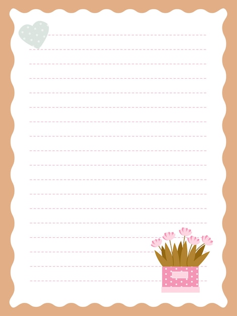 plantilla de página de cuaderno con un corazón lindo y un hermoso ramo de tulipanes