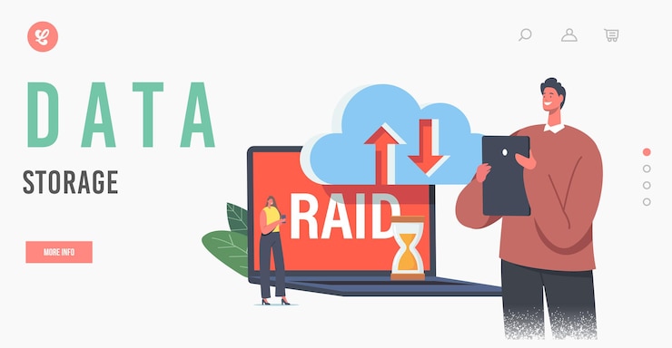 Vector plantilla de página de destino de almacenamiento de datos. respaldo de tecnología moderna y servidores de alojamiento. pequeños personajes en el centro de datos alrededor de una enorme computadora portátil con almacenamiento raid y nube. ilustración de vector de gente de dibujos animados