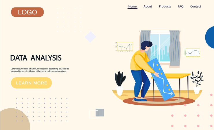 Vector plantilla de página de destino de análisis de análisis de datos con tablero de sujeción de hombre con analistas de trabajo gráfico