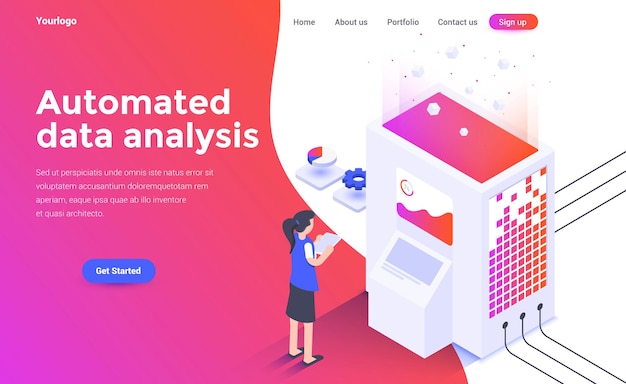 Plantilla de página de destino de análisis de datos automatizado en estilo isometría