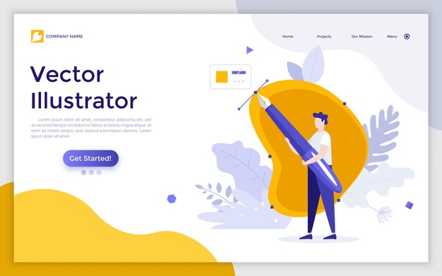 Plantilla de página de destino con artista o diseñador dibujando la curva de Bezier usando la herramienta Pluma Concepto de programa de editor gráfico ilustrador para arte digital y diseño Ilustración de vector plano para sitio web