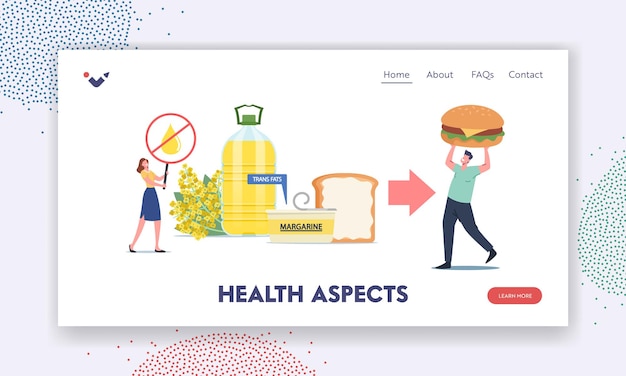 Plantilla de página de destino de aspectos de salud. Detenga el aceite de colza, los productos para untar o el colesterol. Comer grasas trans poco saludables, un pequeño personaje masculino pone margarina en una tostada enorme. Ilustración vectorial de dibujos animados