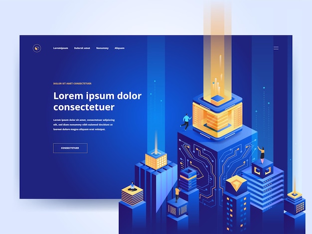 Plantilla de página de destino azul de arquitectura inteligente. Idea de interfaz de usuario de la página de inicio del sitio web de la ciudad futurista con ilustraciones vectoriales isométricas. Tecnología digital, concepto 3D de color oscuro de banner web de base de datos virtual