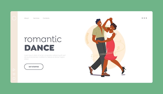 Vector plantilla de página de destino de baile romántico pareja joven bailando bachata hombre y mujer bailarines socios actúan en el escenario