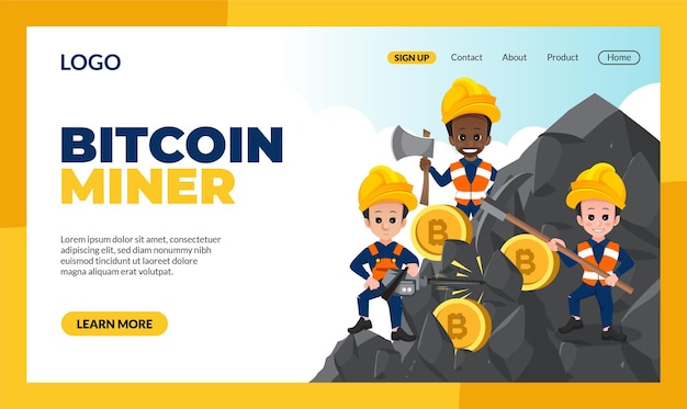Plantilla de página de destino de bitcoin miner con ilustración de actividades de personajes de bitcoin coin miner