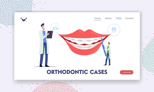 Plantilla de página de destino de casos de ortodoncia. instalación de soportes para alineación de dientes, odontología, pequeños dentistas, médicos, personajes instalan soportes dentales en el paciente. ilustración de vector de gente de dibujos animados