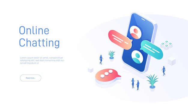 Plantilla de página de destino de Chattin en línea Diálogo en la pantalla del teléfono Ilustración moderna isométrica