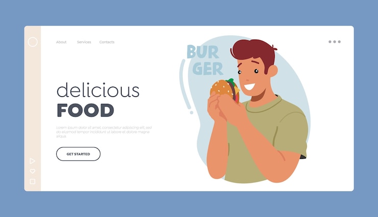 Vector plantilla de página de destino de comida deliciosa hombre saboreando una hamburguesa jugosa con una mirada de pura satisfacción en su rostro