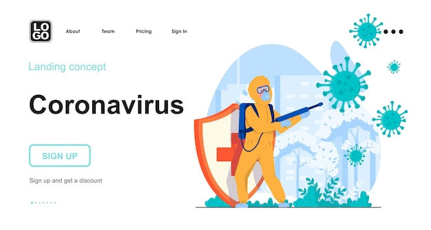 Plantilla de página de destino de coronavirus con carácter de personas